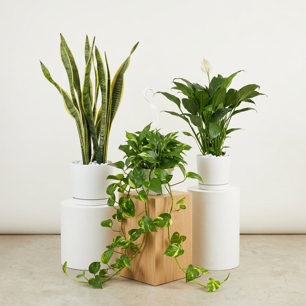 "Easy-Care Trio" Bundle | Snake Plant, Peace Lily & Golden Pothos